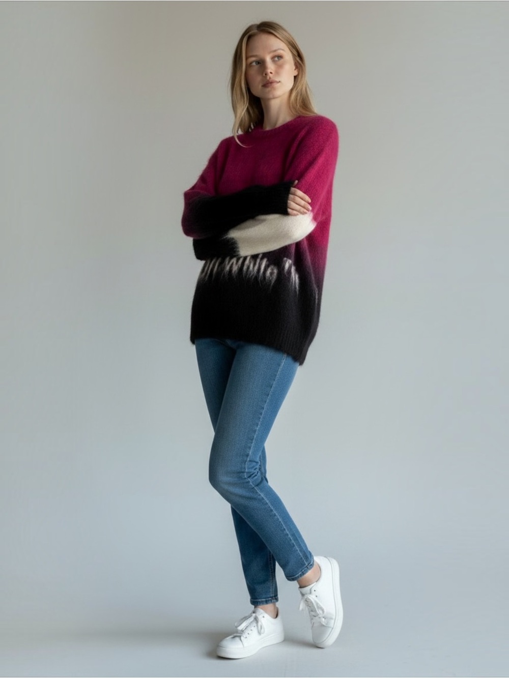 Off-White Mohair Blends Helvetica Logo Sweater - Crewneck Pullover Loose Fit